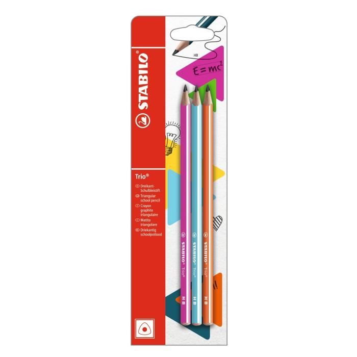 STABILO Trio HB - lot de 3 crayons graphite - bleu clair + rose + orange