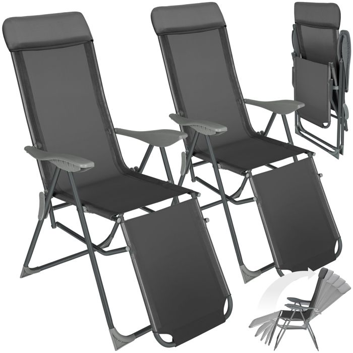 Chaises longues - TECTAKE - Lot de 2 transats de jardin JANA en aluminium pliable avec nuque rembourrée - Gris Anthracite
