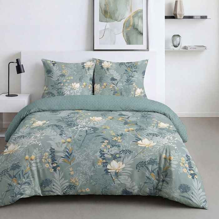 Parure de Lit - 260 x 240 cm - Coton Imprimé Motif Floral Bleu - TODAY SUNSHINE