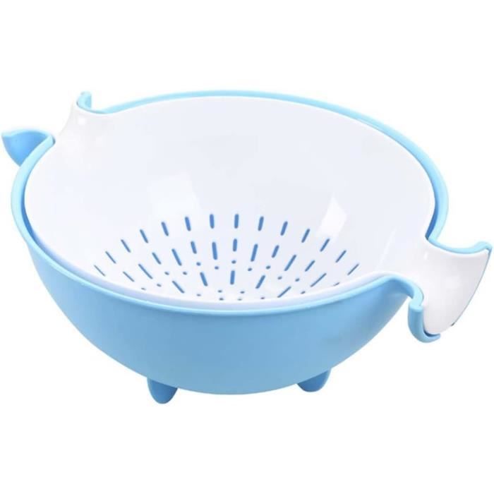 Passoire Bol Double Couche Rotative HAOHIZE – Lavage Et Égouttage Fruits Légumes Facile, Bleu Cuisine Pratique