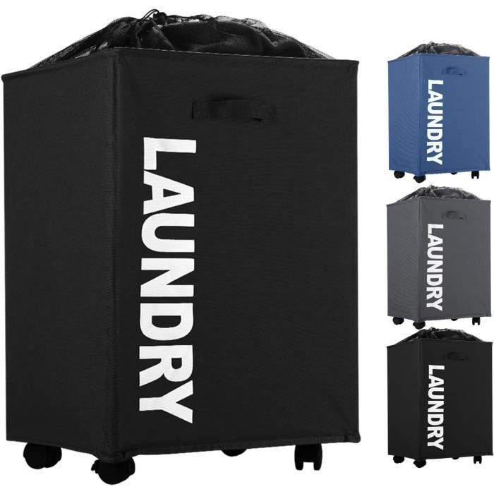 Panier à Linge Pliable Avec Roulettes - Blanc - 36x19x47 Cm - 4 Roues Dont 2 Freinées - En Polypropylène (PP) - Pour Salle De Bain, Petits Espaces