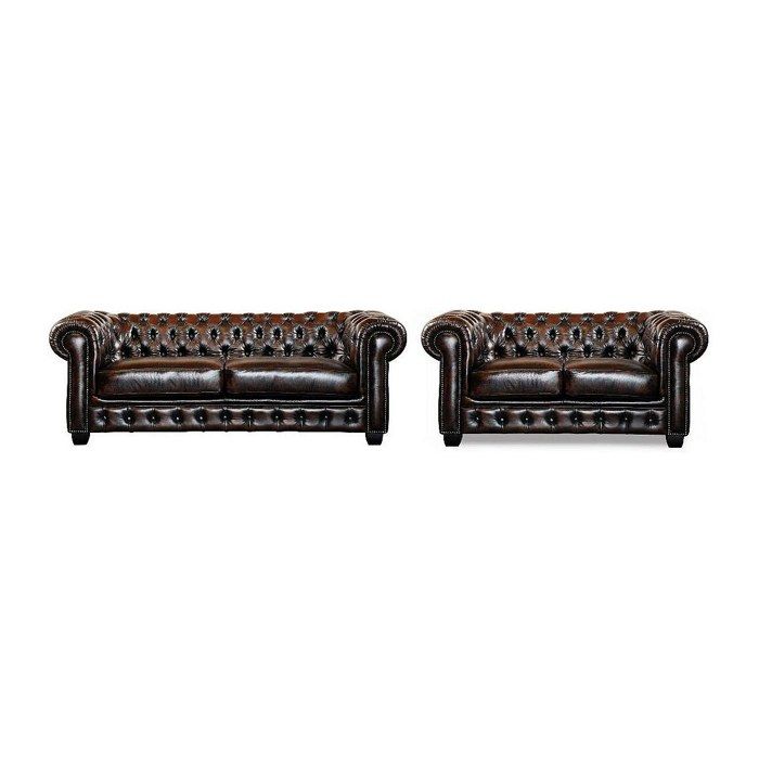 Canapés chesterfield 3 places et 2 places BRENTON 100% cuir de buffle - Marron reflets châtains