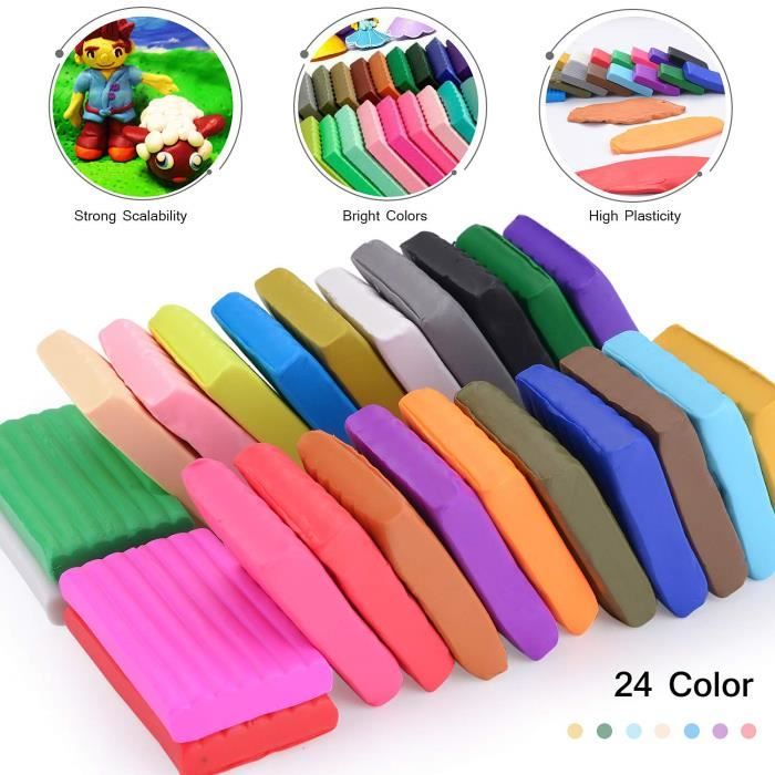 Fuebueo Pâte à Modeler Bricolage 24 Couleurs Non Toxique Argile Auto-Séchante Douce pour Enfants et Adultes, Cadeau pour Garçons et Filles
