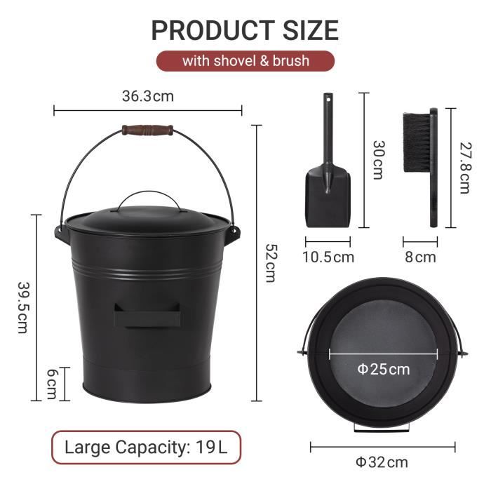 Seau à Cendres Métal 5L Avec Couvercle, Pelle Et Balai - Pour Cheminée, Poêle à Bois - Noir