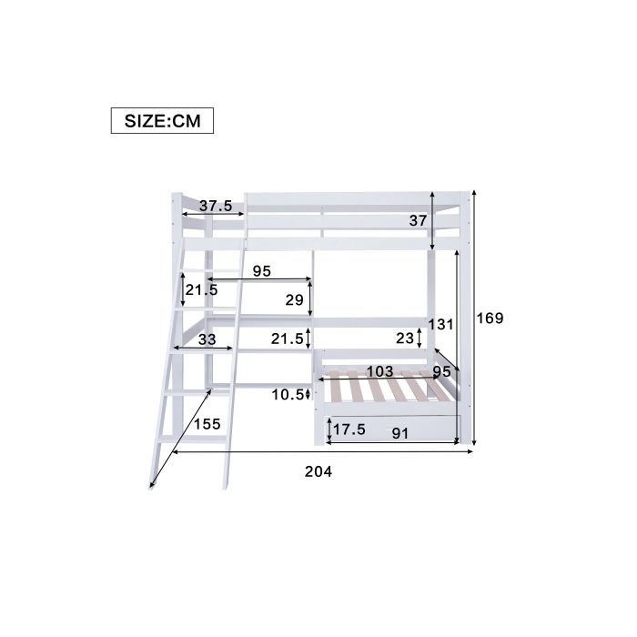 Seyakany Lit Mezzanine 90x200 Avec Bureau Et Meuble De Rangement, Lit Mezzanine Enfant Avec Escalier De Rangement Et Penderie, Garde-corps De Sécurité, Cadre De Lit En Bois Massif, Sans Matelas, Blanc