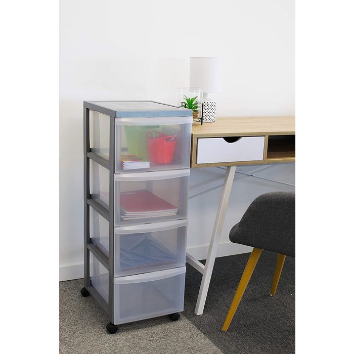 Tour De Rangement 3 Tiroirs Transparents – Avec Roulettes, Hauteur 64 Cm – Fabriqué En France – Couleur Anthracite – Pour Bureau Ou Maison