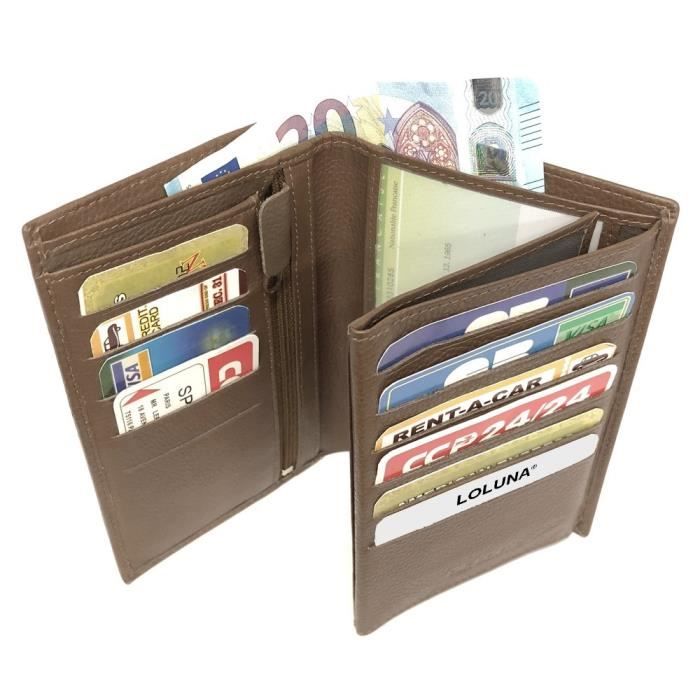 Petit Portefeuille Cuir Souple LOLUNA – 2 Volets Taupe – Cartes, Billets, Monnaie, Permis