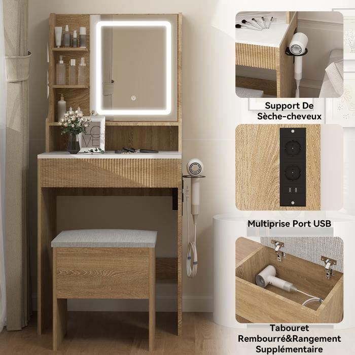 ODK Coiffeuse Avec Miroir LED RGB, Prises USB & 8 Tiroirs - Table Maquillage Blanc 110cm