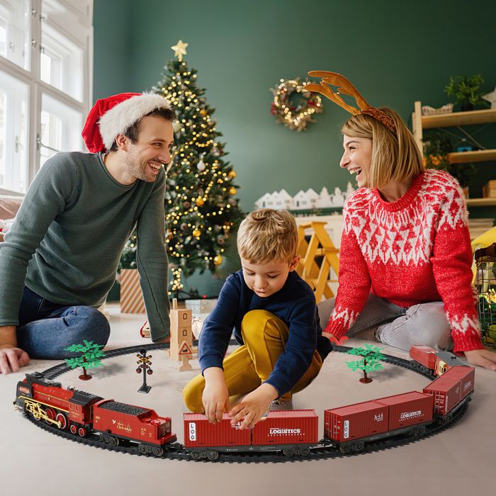 Train électrique Vapeur De Noël – LED, Son, Fumée à Eau, Rails Circulaire Et Ovale, Cadeau 3-8 Ans