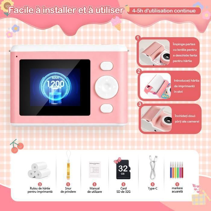 Appareil Photo Instantané Enfant 1080P HD, Caméra Impression Avec 3 Rouleaux Papier, Cadeau Fille Garçon 3-12 Ans
