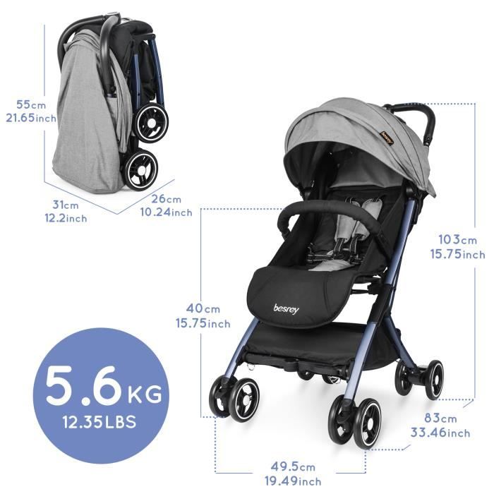 Besrey Poussette Canne Pliable de Voyage avec Position Couchée, Inclinable,  Légère, Compacte Gris - Cdiscount Puériculture & Eveil bébé