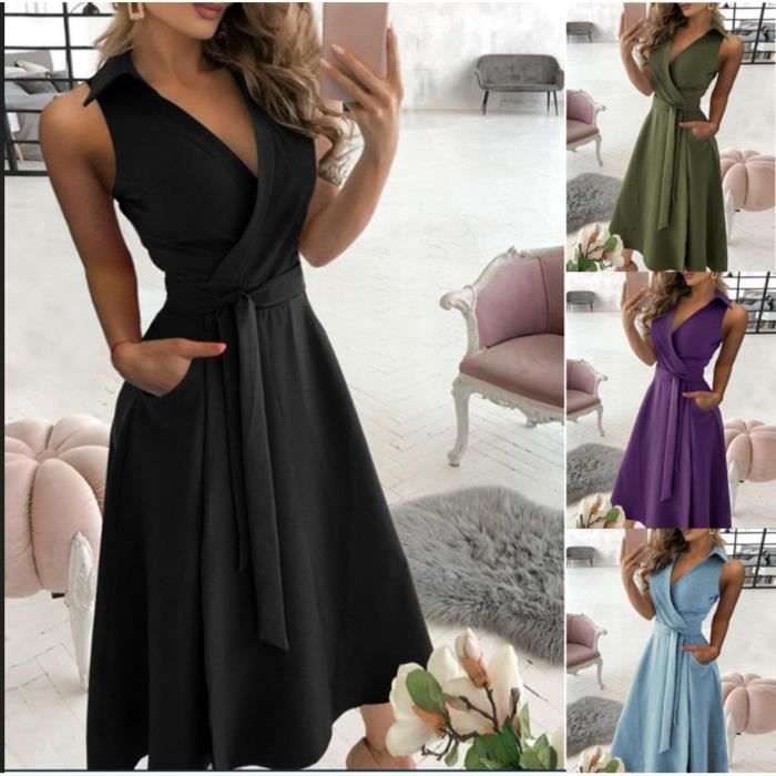 Robe D'Été Femme GRECERELLE - Manches Courtes, Col V, Poches - Rayonne Et Élasthanne