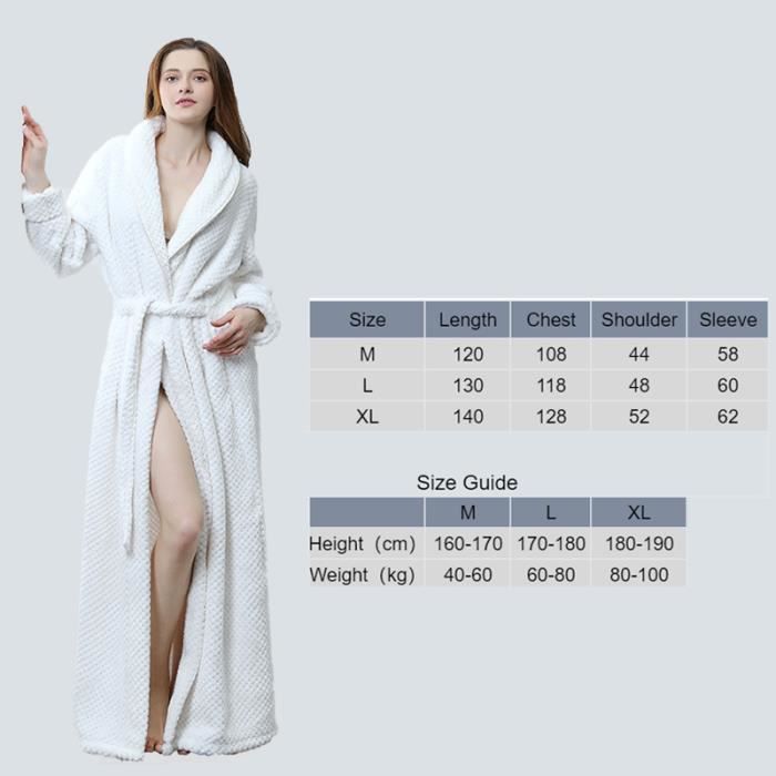 Peignoir de bain en flanelle de luxe pour femme en peluche doux chaud long peignoir eponge pyjama pleine longueur blanc