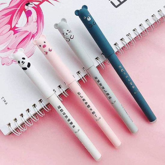 Stylos Effaçables Animaux - Lot De 12 Stylos à Bille 0,7 Mm Avec Gomme Intégrée, Encre Bleue Et Rose, Formes Mignonnes