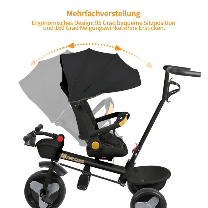 Tricycle Évolutif 5-en-1 Pour Bébé - Lumières, Musique, Siège Inclinable, Poussette 4 Roues, Noir - Dès 6 Mois