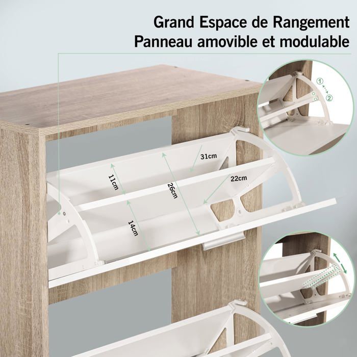 Armoire à Chaussures Blanc 20 Paires 80x24x118cm - 2 Portes + Tiroir - Meuble étroit Pour Entrée Ou Couloir