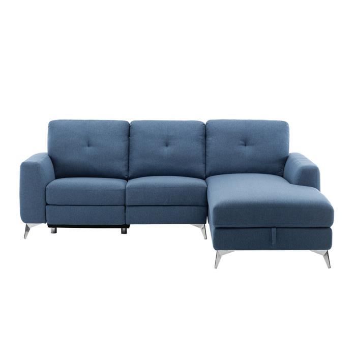 Canapé d'angle droit avec 1 place relax électrique + coffre et port USB - Tissu Bleu - L 260 x P 51 