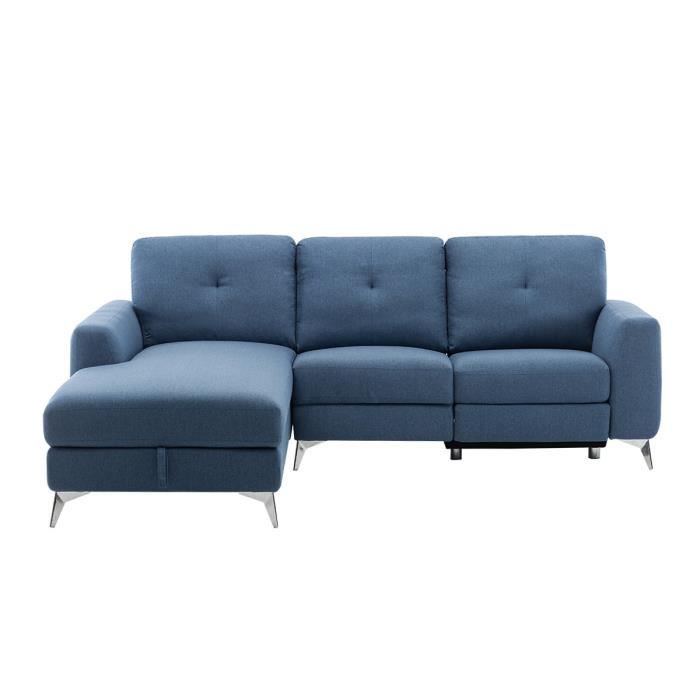 Canapé d'angle gauche avec 1 place relax électrique + coffre et port USB - Tissu Bleu - L 260 x P 51