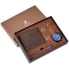 SHARPHY Coffret cadeau montre homme portefeuille boutons de manchette stylo chronographe bracelet en cuir brun bleu