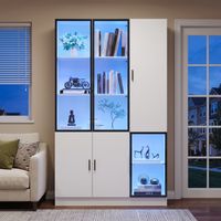 Vitrine En Verre Avec éclairage LED - Bibliothèque Armoire 120x35x200 Cm - 4 Caissons, 10 Espaces Rangement, Portes Vitrées Aluminium - Meuble Présentation Salon Bureau