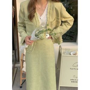 JUPE Jupe,Ensemble deux pièces en Tweed vert automne pour Femme, jupe coréenne, veste à manches longues et jupe Midi - green sets