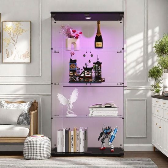Vitrine En Verre 3 étages Avec Porte Et éclairage LED - Noire, Verrouillable - Pour Collections (modèle 1 Porte)