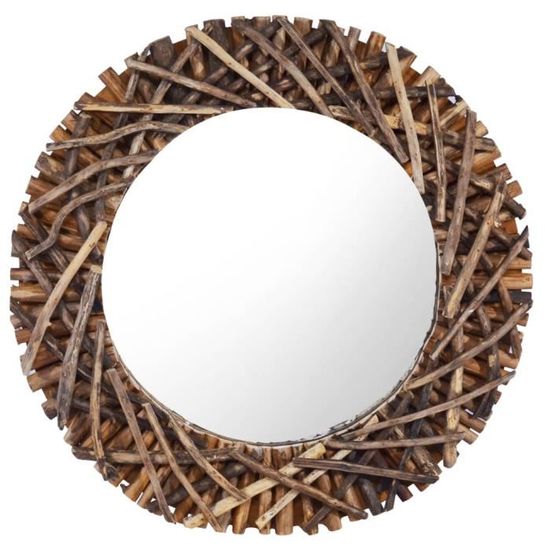 Miroir Mural Miroir Rond Teck avec crochet de montage - Ø60 cm - Miroir Maquillage Décor pour Salle de bain, Salon, Chambre