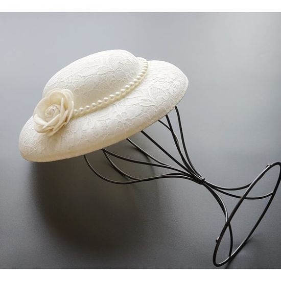 Chapeau de Femme Fille Dentelle Fleurs et Perles Elégant Béret Bandeau Bonnet Britannique Rétro pour Cérémonie Soirée, Blanc