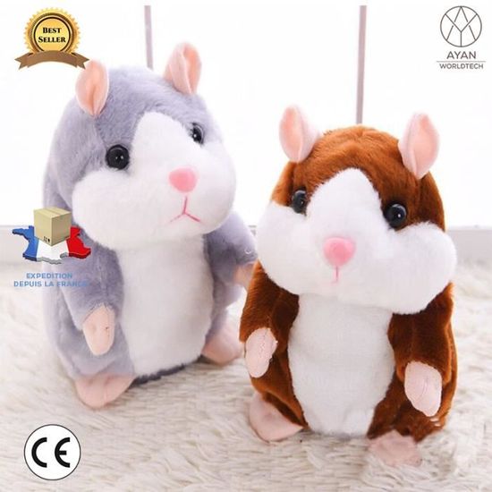 Pack 2 x Hamsters parlants en peluche interactifs équipés de la fonction magnétophone -Pour enfants et animaux - Gris/Marron - 15