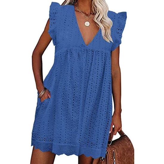 Robe D'Été Femme - Col V Élégant, Manches Courtes Volantées, Tissu Léger - Mini Robe Chic Et Décontractée