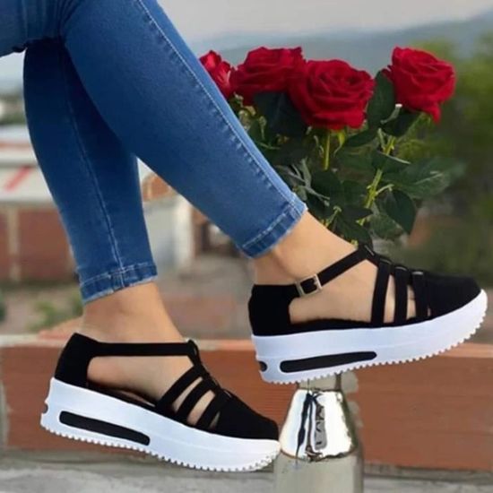 Sandales Compensées Femme Talon Haut - Plateforme, Bout Fermé, Lanière Arrière - Confortables Pour été
