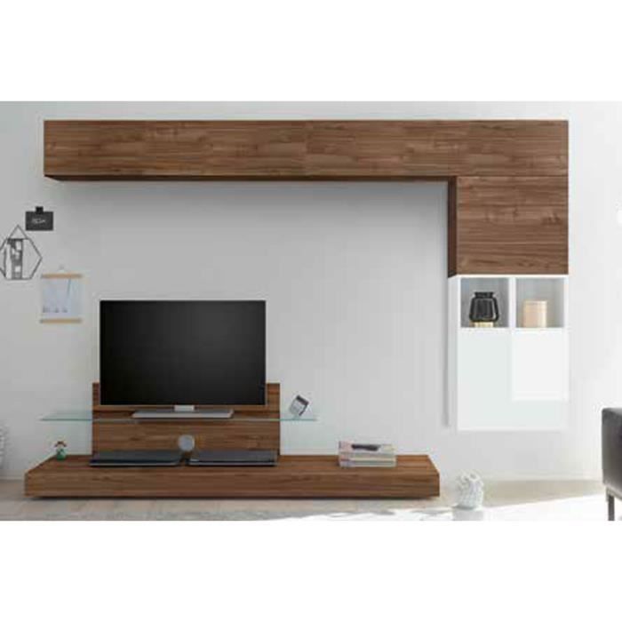 LUDOVICA 31 LAQUE BLANC ET NOYER FONCE ENSEMBLE COMPOSITION MURALE MEUBLE TV TENDANCE