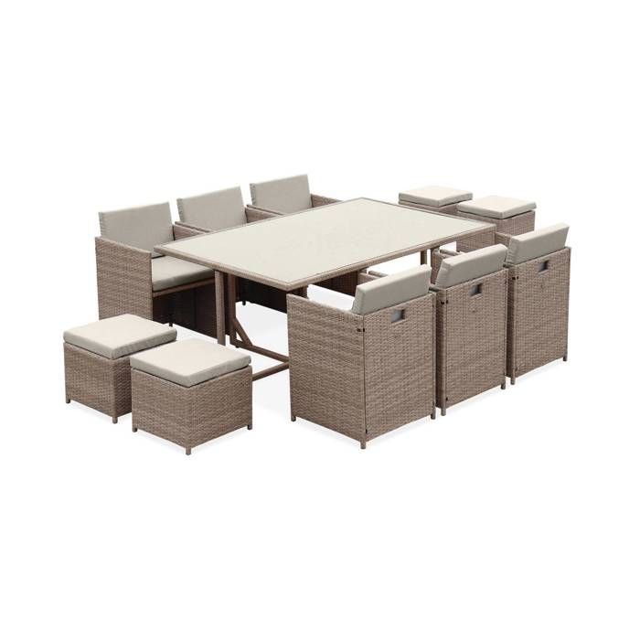 Salon de jardin 6-10 places - Vabo - Coloris Beige, Coussins beige, table encastrable.
