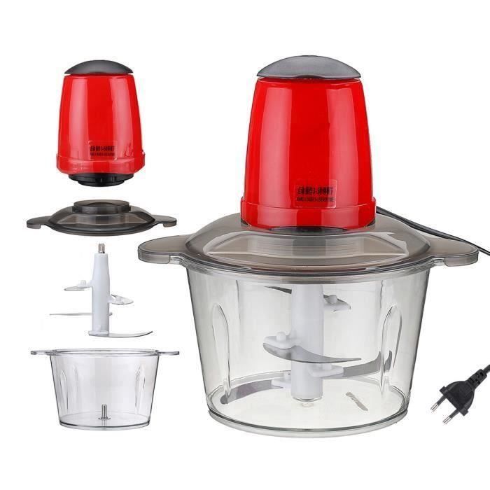 Hachoir Électrique Multifonction 300W 2L 4 Lames à Viande Légumes Oeufs - Mélangeur Mixeur avec Interrupteur de Presser ROUGE