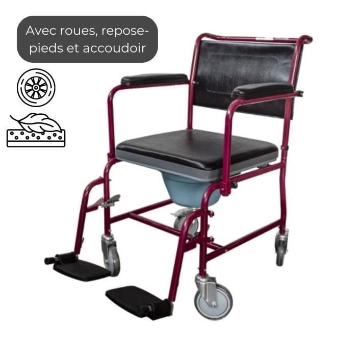 Chaise percée à roulettes - Accoudoirs pliables et repose-pieds amovibles - Bordeaux - Ancla - Mobiclinic