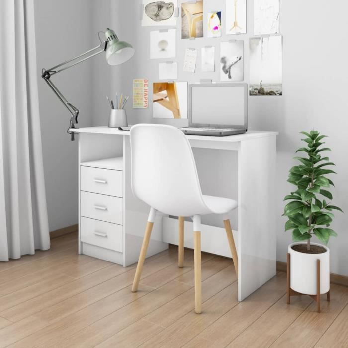 Bureau blanc table de travail bureau table étagère PC table tiroirs 110x50x76 cm Aggloméré -PAI