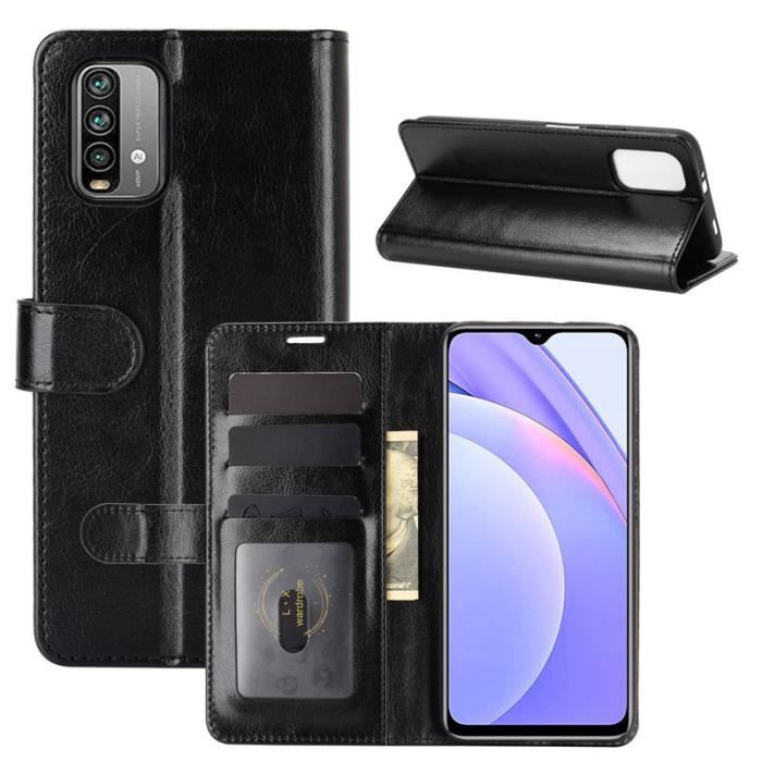 Étui Xiaomi Redmi 9T, Portefeuille Silicone Cuir Ultra-fin Support Fermeture Magnétique Housse Protection, Noir