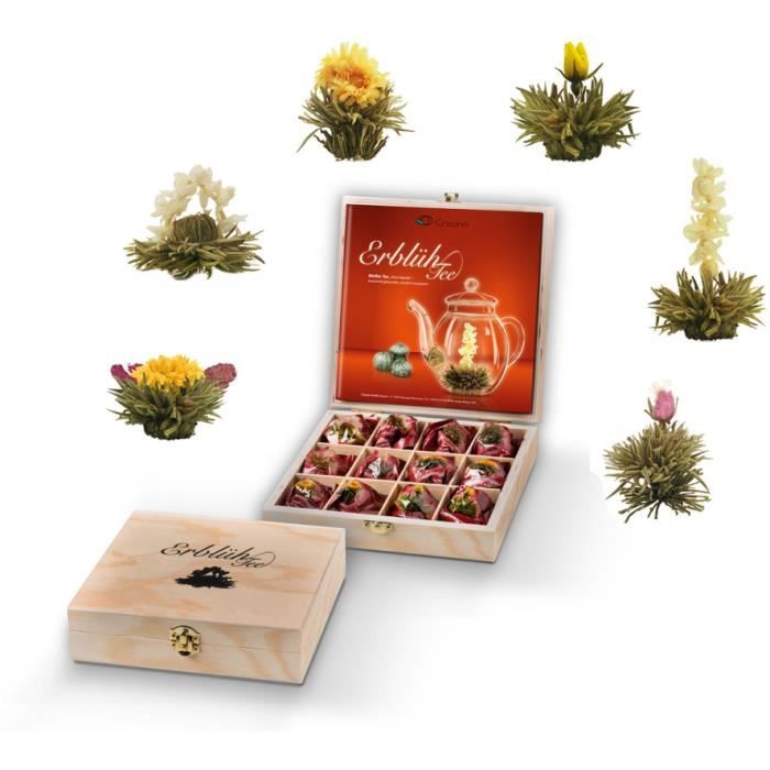CREANO Coffret Cadeau de fleurs de thé Creano dans une boîte à thé en bois, 12 thés d'héritage en 6 variétés de thé blanc