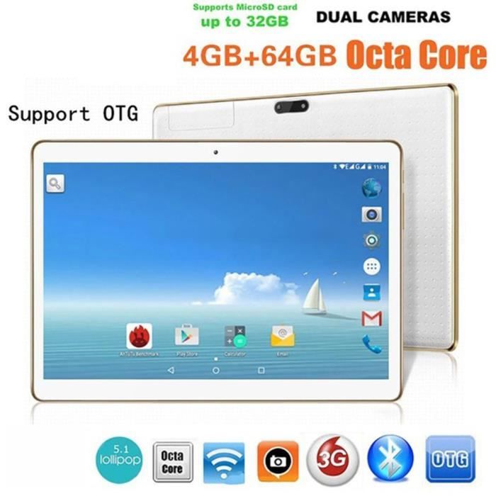 Tablette Tactile PC 10.1- Android MT6592 4Go RAM 64Go ROM Noir Double Carte Double Caméra BLANC