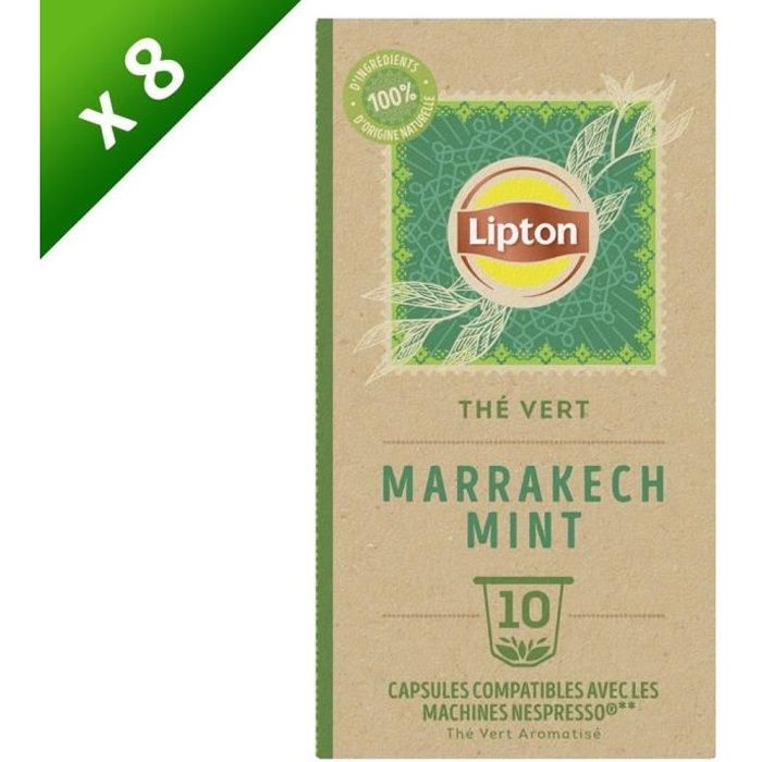 Lot de 8 LIPTON Capsules Thé vert BIO Menthe de Marrakech pour Nespresso (8 x 10 Capsules)