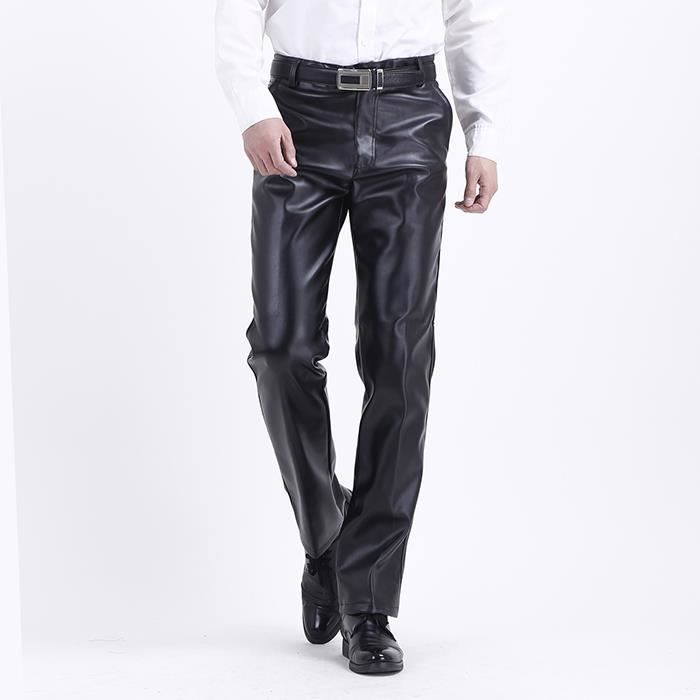 FUNMOON Hommes Pantalon En Cuir Artificiel Noir Droit De Taille Haute Molleton Fin