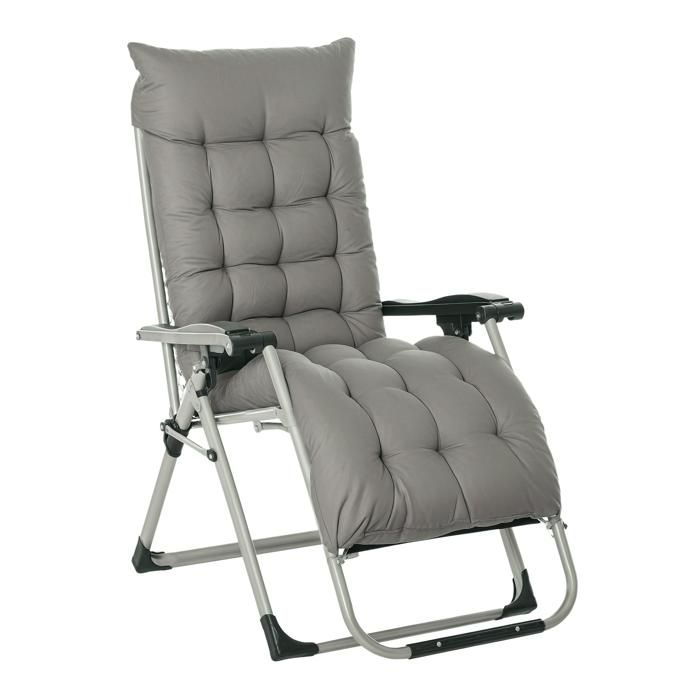 Chaise longue pliable inclinable grand confort avec matelas, tétière, accoudoirs, tablette métal époxy polyester gris