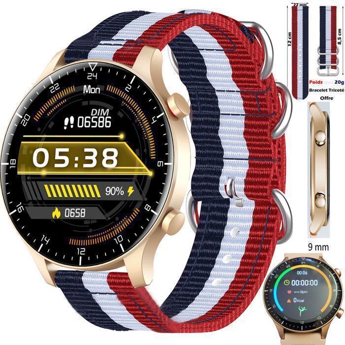 Montre Connectée Femme XTRADITECH Super Fine 9 mm Grand Boîtier Rond Ø 46 mm SmartWatch Étanche Double Bouton 1 Raccourci Sport Doré