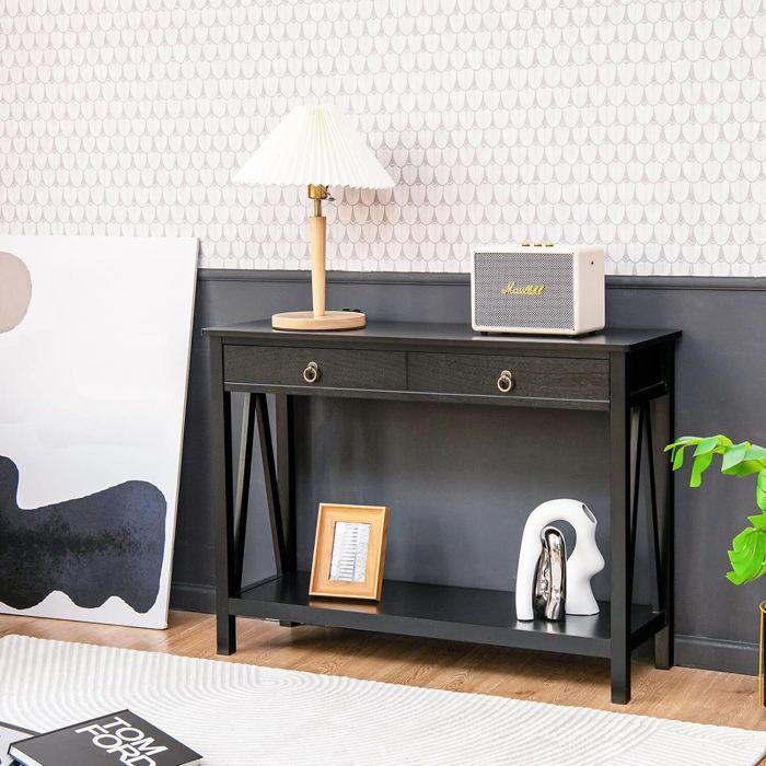 giantex console meuble entrée avec tiroir+ 2 étages -table d’appoint-pour entrée/salon- pieds en bois-106,5x 35,5x 78,5 cm- noir