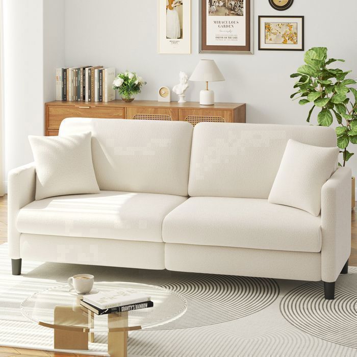 Canapé 3 Places en Velours Teddy Beige pour salonCanapé Moderne Scandinave avec trois coussinspieds en bois193×78×85CM