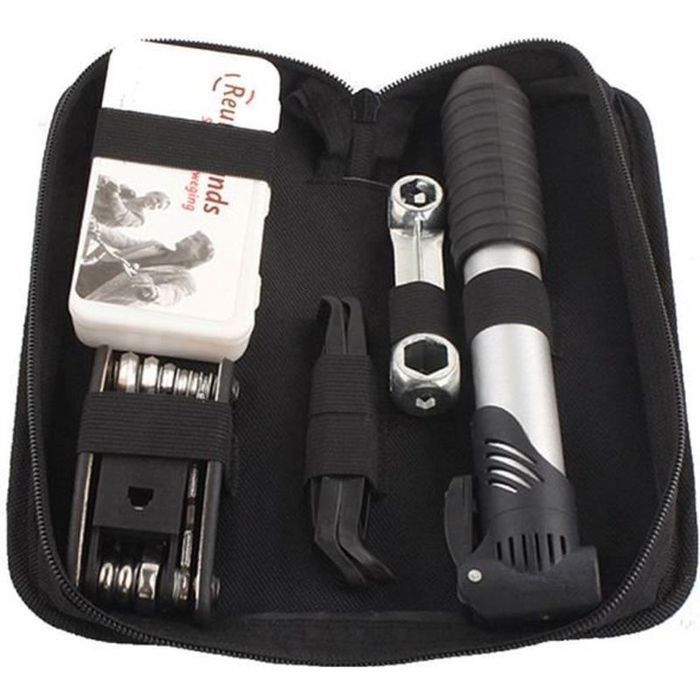 OUTILLAGE CYCLE - KIT DE REPARATION CYCLE Outils de vélo - 16 en 1 - Noir - Kit de réparation avec pompe à poche et accessoires