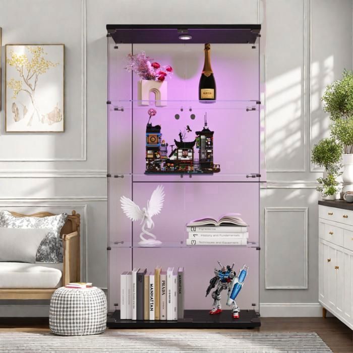 Vitrine en verre 4 étagères avec porte Lumières LED Vitrine en Verre avec Serrure 80.5×36.5×164cm noir