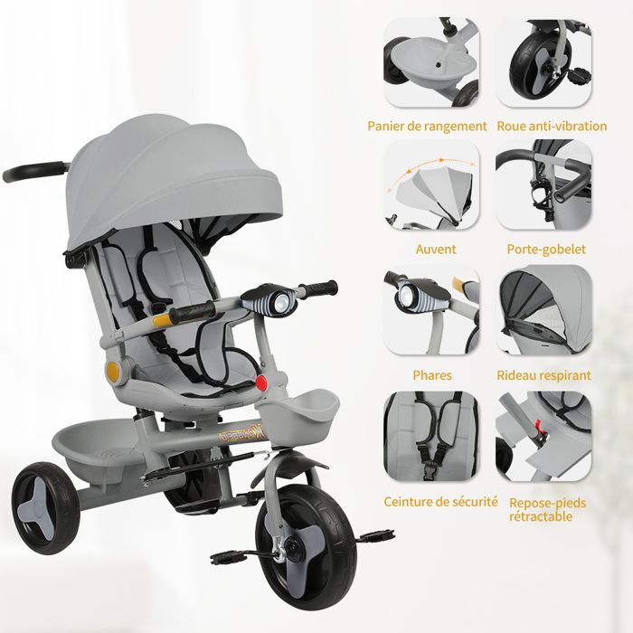 SUPFINE Tricycle Bébé Évolutif 1-4 Ans Tricycle Enfant Capacité de charge  20 kg Velo Enfant avec Guidon à Pousser