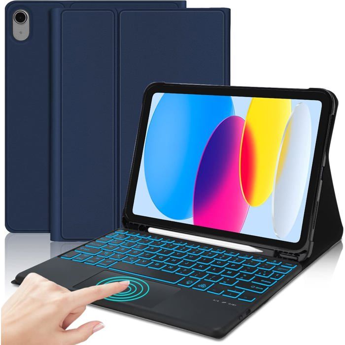 Coque Clavier Bluetooth Avec Trackpad Pour IPad 11/10e Génération - Rétroéclairage 7 Couleurs, Détachable, Bleue