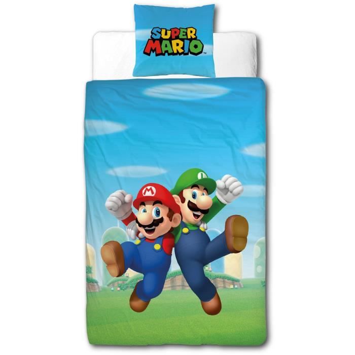 Set Lenzuola Super Mario Blu Per Letto Singolo – Copripiumino 140x200 Cm + Federa 65x65 Cm, Con Tutti I Personaggi